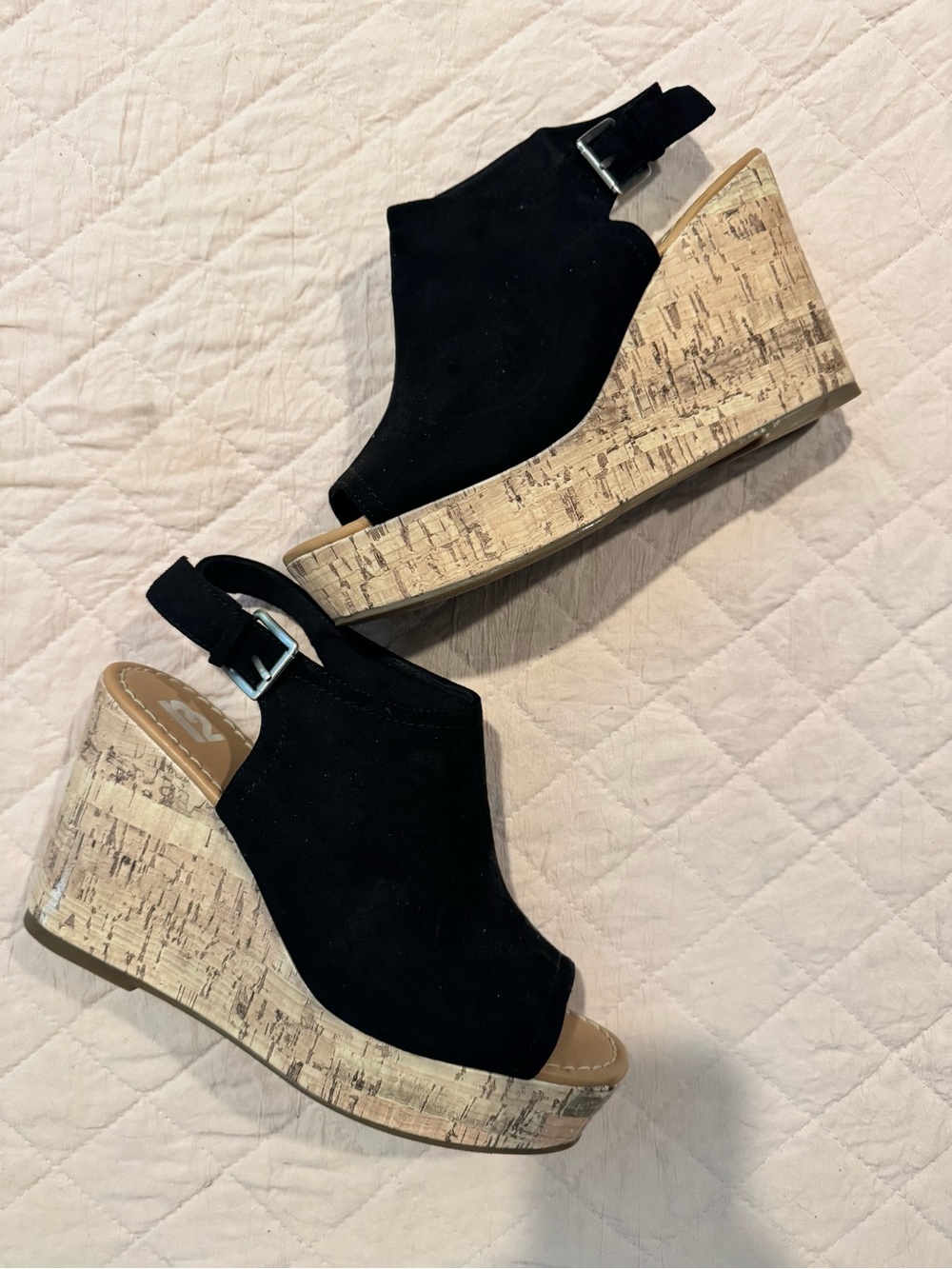R2 Black Suede Cork Wedge Sandals